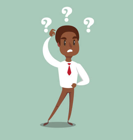 Vector illustration of a clueless cartoon black african american businessman with three question marks above his head.のイラスト素材