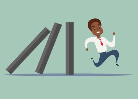 Business concept of a black african american businessman run away from domino effectのイラスト素材