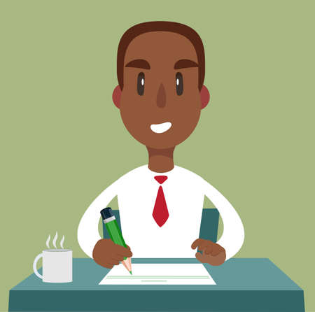 African-american journalist sitting at the table and writing notes on a piece of paper with a penのイラスト素材