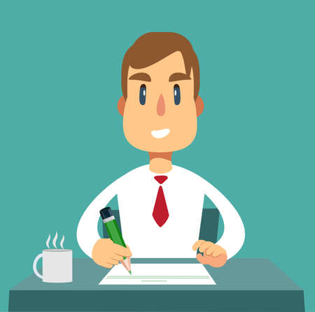 journalist sitting at the table and writing notes on a piece of paper with a pen. Young smiling journalist writing an article. Vector cartoon illustration isolated on white backgroundのイラスト素材