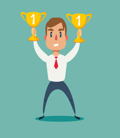 illustration of a happy businessman holding a trophy on podium.のイラスト素材