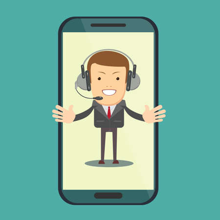 Smiling male operator with headset speaking from screen of a smart phone.のイラスト素材