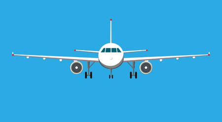 Airplane on blue background. Plane flying in the sky. Front view.のイラスト素材