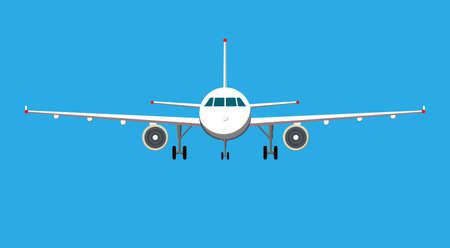 Illustrazione per Airplane on blue background. Plane flying in the sky. Front view. - Immagini Royalty Free