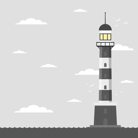 Vector cartoon flat lighthouse. Searchlight tower for maritime navigation guidanceのイラスト素材