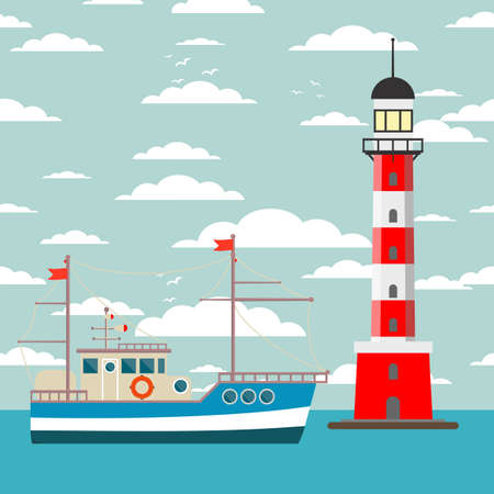 Vector cartoon flat lighthouse. Searchlight tower for maritime navigation guidanceのイラスト素材