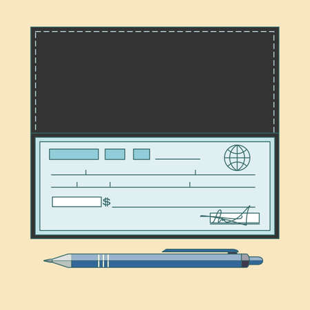 Cheque vector illustration. Cheque icon in flat style. Cheque book on colored background. Bank check with pen.のイラスト素材