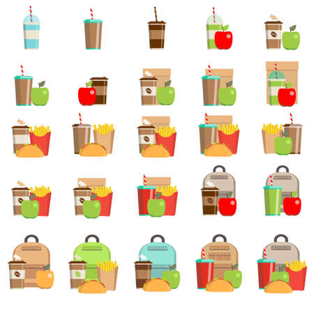 Lunchbox with cheese sandwich, tomato slices, potato chips, paper bag, schoolbag for school or work set.のイラスト素材