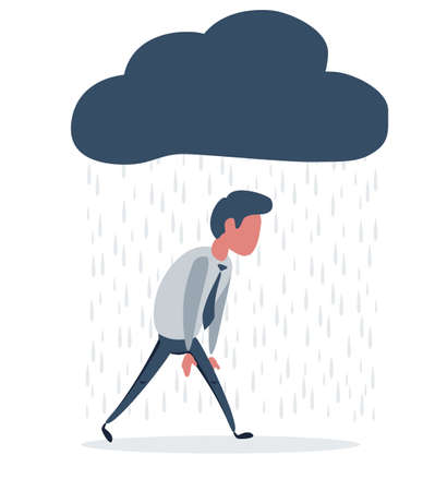 depressed man walking with a cloud of rain over his head. Vector flat design illustration.のイラスト素材
