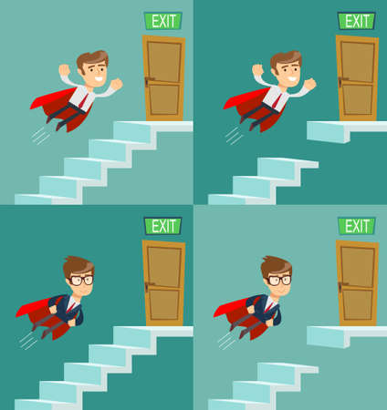 The businessman flying up the stairs. Symbol of ambition, motivation, success in career, promotion. Business concept. Vector illustrationのイラスト素材
