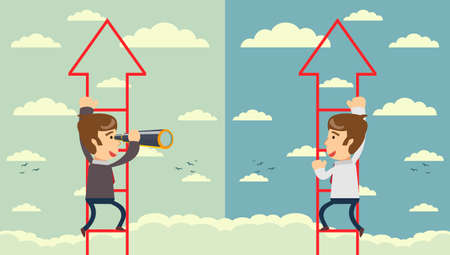 Business leadership vector concept with businessman standing on a ladder going throught the cloud and looking to future with telescope.のイラスト素材