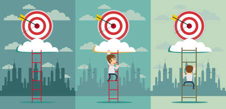 Stairs to goal. Businessman in suit rises up stairs to top of target. Business concept. Vector illustration flat design. Isolated on background.のイラスト素材