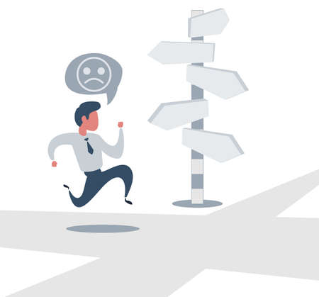 Businessman is looking at direction signs. Choices and decision concept. Stock flat vector...