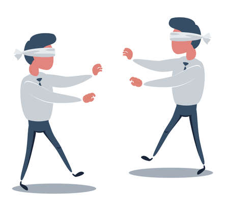 Young blindfolded businessmen trying to find the right direction. Business concept.のイラスト素材