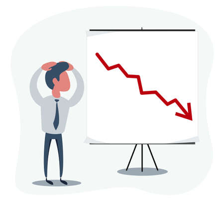 Shocked man in a suit watch on the board with a declining arrow. Falling indicator of economic prosperity.のイラスト素材