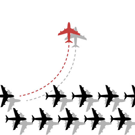 Think different business concept illustration, Red airplane changing direction. New idea, change, trend, courage, creative solution, innovation and unique way concept.のイラスト素材