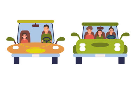 Funny people driving cars isolated on white background. Colorful vector illustration in flat cartoon...