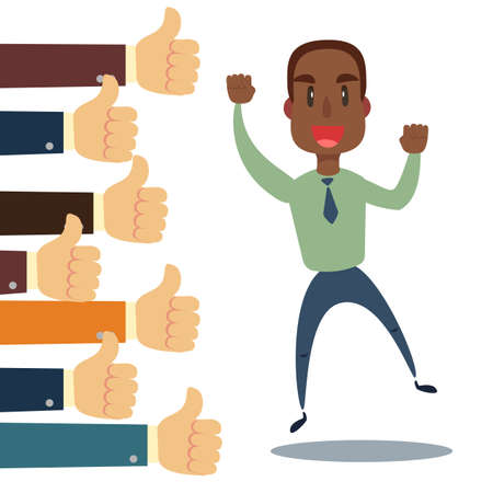Happy and proud businessman with many thumbs up hands around him. Business compliment concept. Vector illustrationのイラスト素材