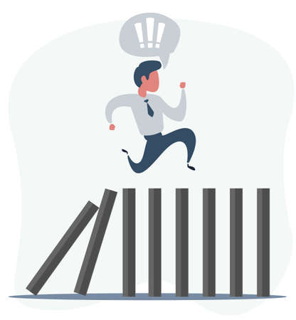 Businessman runs away on dominoes that fall. Domino effect and business crisis concept.のイラスト素材