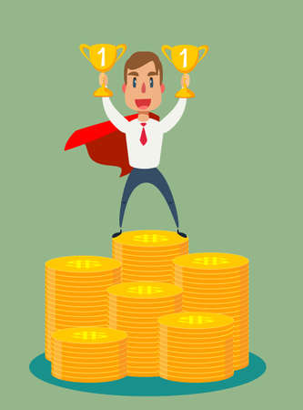 Businessman dressed with superhero cloak is standing on the pile of the coins.のイラスト素材