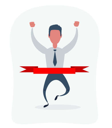 Concept of successful businessman in a finishing line. Businessman victory with hands up run toward red ribbon tape finish.のイラスト素材
