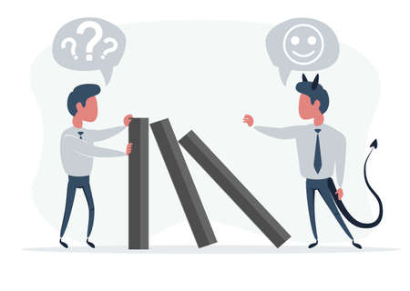 Businessman stopping falling domino - concept. Symbol of crisis, risk, management, leadership and...