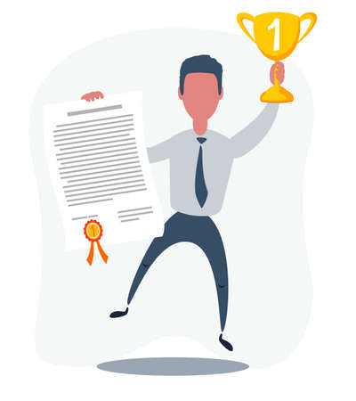 Vector illustration of businessman proudly standing and holding up winning trophy and showing an award certificate.のイラスト素材