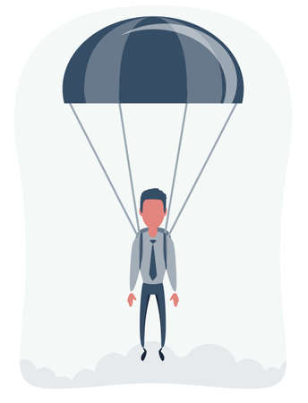 Young Businessman Landing on Ground with Parachute. Business Risk Achievement Targeting Concept. Cartoon Flat Vector Illustrationのイラスト素材