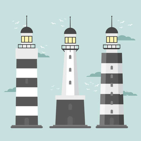 Lighthouses. Set of of large lighthouses over blue backgroundのイラスト素材