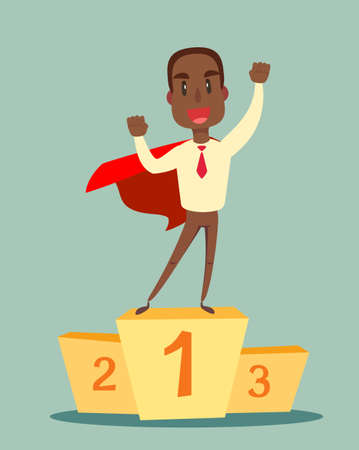 black african american businessman in a business suit and red cape superhero standing on the winning podium . Business concept of leadership and success.のイラスト素材