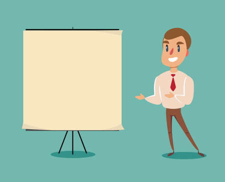 Happy smiling young business man showing blank signboard, isolated on white backgroundのイラスト素材