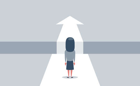 Business challenge and solution vector concept with businesswoman standing over big gap. Symbol of overcoming obstacles, strategy, analysis, creativity.のイラスト素材