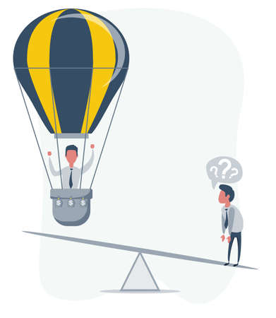 Business startup concept. Vector illustration with a businessman flying up on a hot air balloon and a loser.のイラスト素材