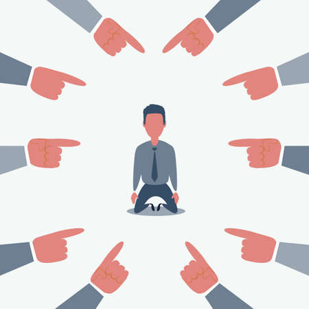 Plenty of crop hands fingers pointing at young man feeling guilty and being introvert. Man character on the kneesのイラスト素材