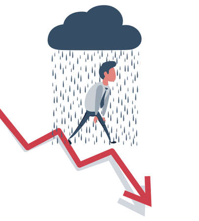 Businessman On Falling Down Chart. Businessman in the rain. Business Concept Illustration.のイラスト素材