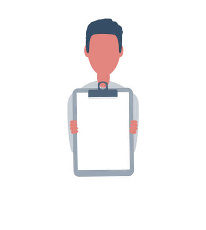 Businessman or clerk. Male character in trendy simple style with objects, flat  illustration. Isolated on white background.のイラスト素材