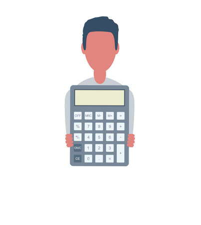 Businessman or clerk holds a calculator. Male character in trendy simple style with objects, flat vector illustration. Business concept. Isolated on background.のイラスト素材