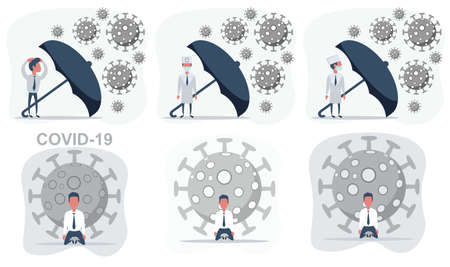 Biological hazard. Epidemic of the coronavirus. Man in a protective suit and mask. Portrait of a sick man with coronavirus.Vaccine from, flu, coronavirus, TB. flat design illustration.のイラスト素材