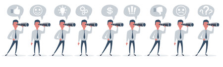 Concentrated businessman looking through the spyglass. Business vision and perspective planning concept.のイラスト素材