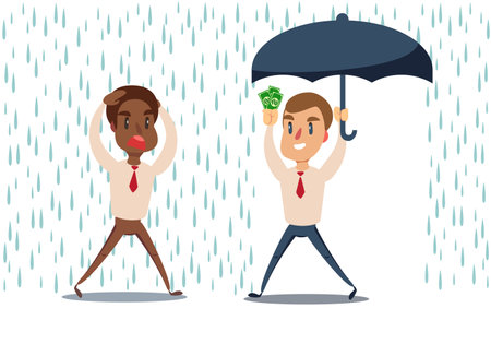 Man in the rain. Businessman run from the rain while another businessman has the umbrellaのイラスト素材