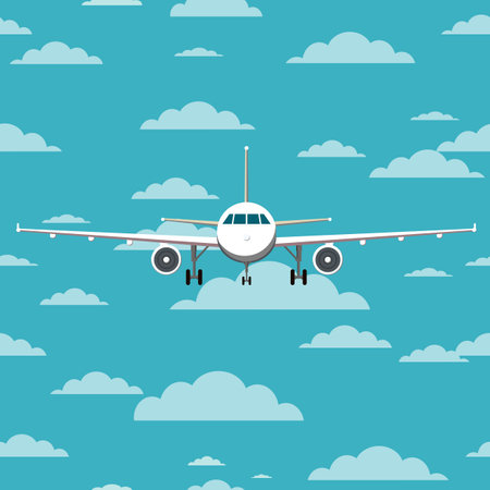 Airplane front view. Blue sky with clouds. Flat vector illustration.のイラスト素材