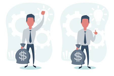 Business man character hold bags full of money.のイラスト素材