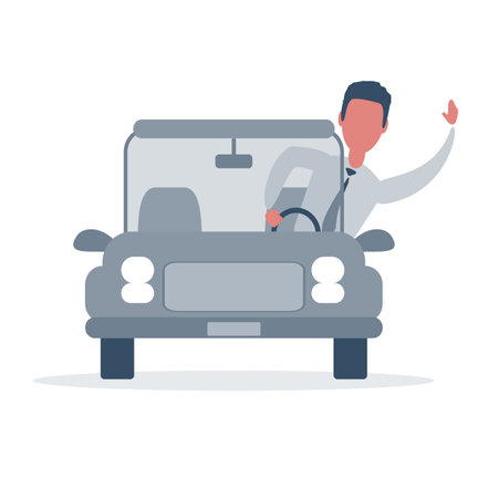 Businessman driving the car and waving to someone. Saying hello.のイラスト素材