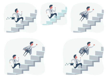 Businessman running up stair to success. Stair step to success. Staircase to success. Set.のイラスト素材