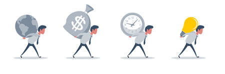 Portrait of a handsome young man carrying a big clock, a full of money sack, the planet earth, a idea light bulb, against a grey.のイラスト素材