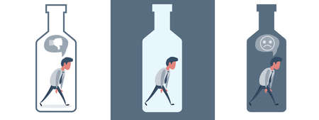 Unhappy sad alcoholic man character in drink bottle. Alcoholism addict problem dependence bad habit. Vector flat cartoon illustrationのイラスト素材