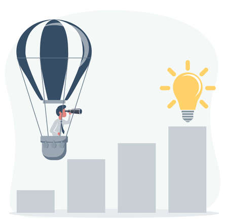 Businessman flies in a hot air balloon and looks through a handheld telescope. Man searches for a new horizon, a new business opportunities.のイラスト素材