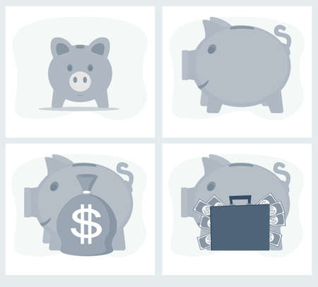 Pig piggy bank vector illustration in flat style. The concept of saving or save money or open a bank deposit. The idea of an icon of investments in the form of a toy pig piggy bank.のイラスト素材