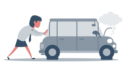 Woman pushing a broken car. Car run out of fuel. Vector illustration, flatのイラスト素材