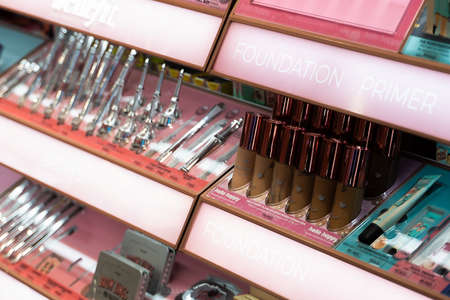 United Arab Emirates, UAE 3.MARCH.2020: Cosmetics shop with great variety of products. Concept of consumerism, retail and purchase. Showcase with a variety of cosmetics in the store.のeditorial素材